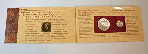 Thomas Jefferson Coin and Currency Set holder opened