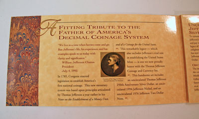 Thomas Jefferson Coin and Currency Set left inside front cover