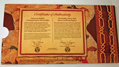 American Buffalo Coin and Currency Set certificate of authenticity