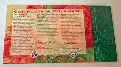 Botanic Garden Coin and Currency Set certificates of authenticity