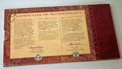 Thomas Jefferson Coin and Currency Set certificate of authenticity