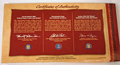 Lewis and Clark Coin and Currency Set certificates of authenticity