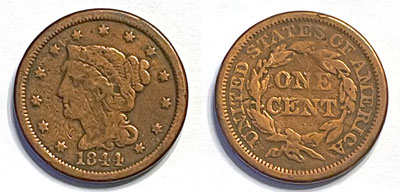 1844 braided hair large one cent coin