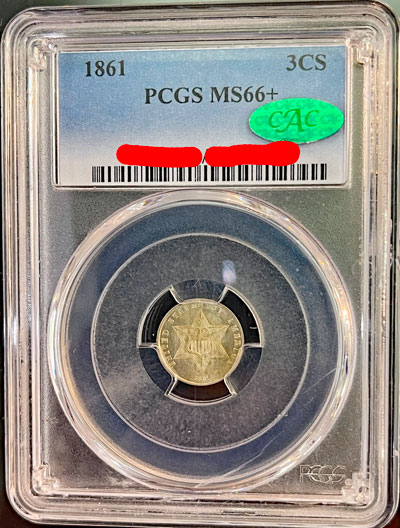 1861 Silver Three-Cent coin PCGS MS66+ obverse