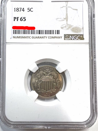 1874 Shield Nickel Five Cent Coin NGC PF 65 obverse 1874 Shield Nickel Five Cent Coin NGC PF 65 obverse