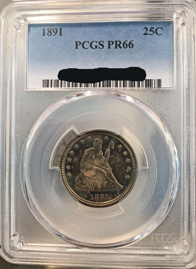 1891 Liberty Seated Quarter Dollar Coin PCGS PR66
