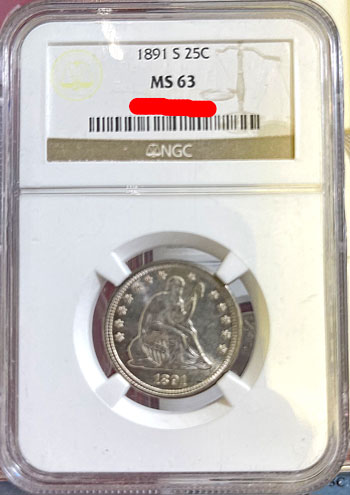 1891 S Liberty Seated Silver Quarter Coin NGC MS 63 obverse