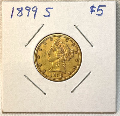 1899 S Gold Five Dollar Coin - Half Eagle obverse