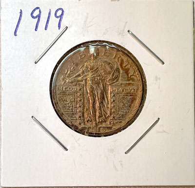 1919 Standing Liberty quarter dollar coin obverse 1919 Standing Liberty quarter dollar coin obverse