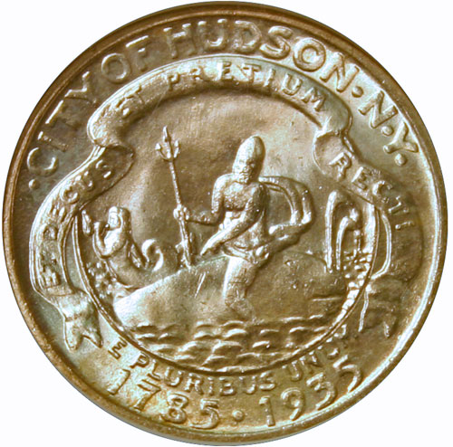 1935 Hudson half dollar showing neptune mounted on a whale with his trident held high 1935 Hudson half dollar showing neptune mounted on a whale with his trident held high