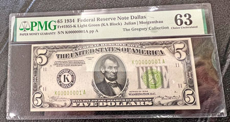 1934 $5 Federal Reserve Note Dallas serial number 1 obverse