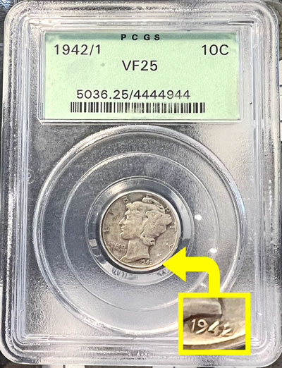 1942 over 1 Mercury Dime Coin graded PCGS VF25
