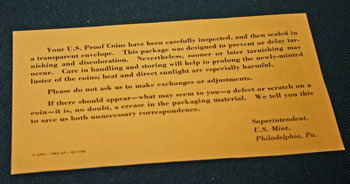 1962 Proof Set note from US Mint 1962 Proof Set note from US Mint
