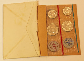 1964 Mint Set Opened showing uncirculated coins and contents