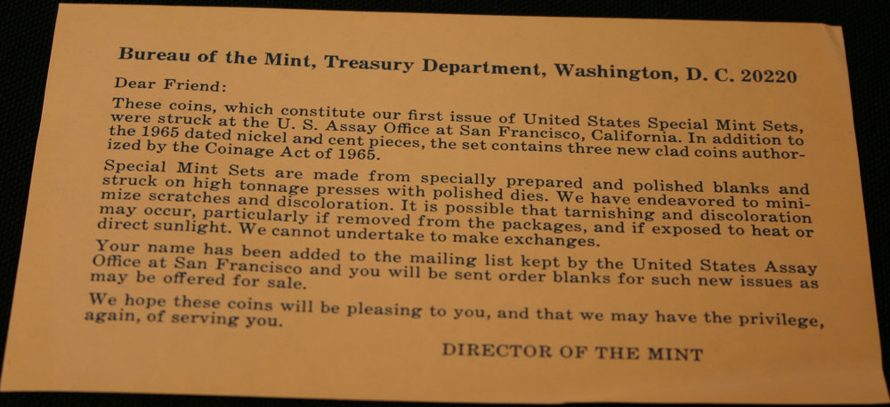 1965 Special Mint Set message - large version