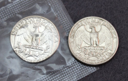 1965 Special Mint Set error back compared to circulated quarter