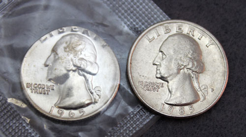 1965 Special Mint Set error coin front compared to circulated coin