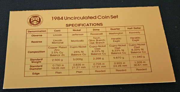 1984 Mint Set coin specifications large view 1984 Mint Set coin specifications large view