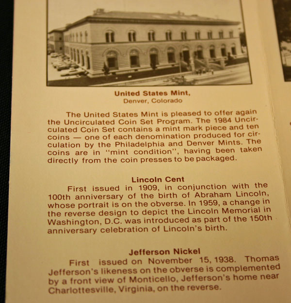 1984 Mint Set left side of insert large view 1984 Mint Set left side of insert large view