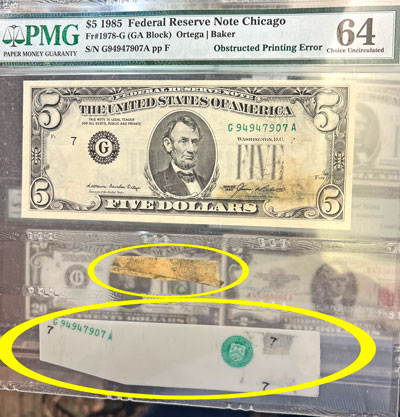 1985 Five Dollar Federal Reserve Note Obstructed Printing Error