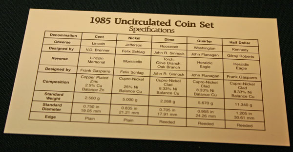 1985 Mint Set coin specifications large view