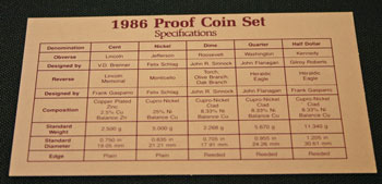 1986 Proof Set Coin Specifications