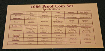 1986 Proof Set Coin Specifications 1986 Proof Set Coin Specifications