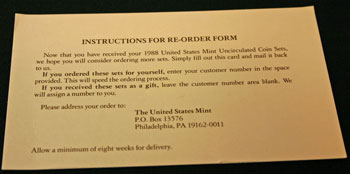 1988 Mint Set reorder form instructions