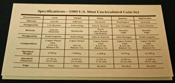 1989 Mint Set coin specifications