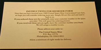 1989 Mint Set reorder form instructions