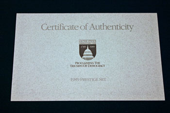 1989 Prestige Set certificate front 1989 Prestige Set certificate front