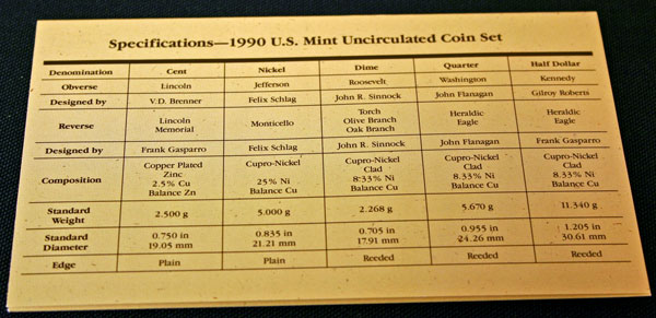 1990 Mint Set coin specifications large view