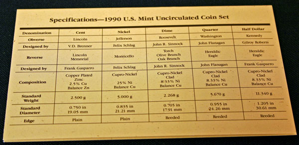 1990 Mint Set coin specifications large view 1990 Mint Set coin specifications large view