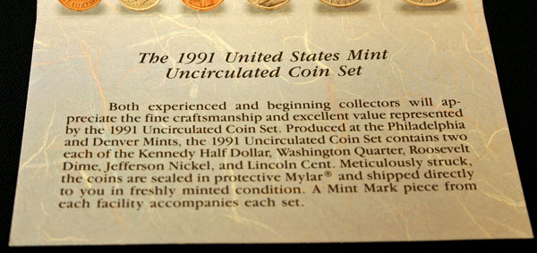 1991 Mint Set bottom of insert large view 1991 Mint Set bottom of insert large view