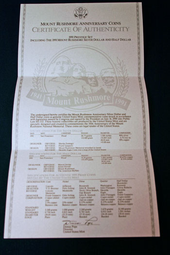 1991 Prestige Set certificate inside