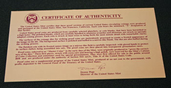 1991 Proof Set Certificate of Authenticity