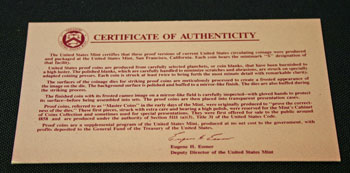 1992 Proof Set Certificate of Authenticity