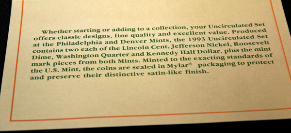 1993 Mint Set bottom of insert large view 1993 Mint Set bottom of insert large view