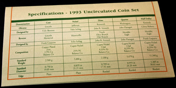 1993 Mint Set coin specifications large view 1993 Mint Set coin specifications large view