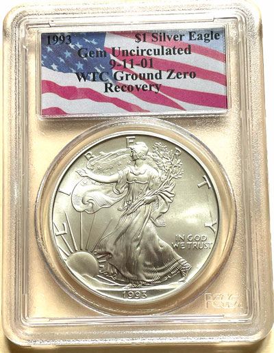 1993 gem uncirculated 9-11-01 WTC ground zero recovery american silver eagle obverse