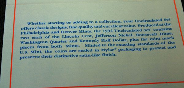 1994 Mint Set bottom of insert large view 1994 Mint Set bottom of insert large view