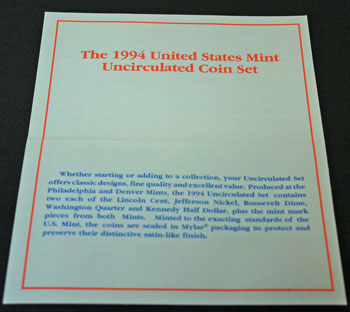 1994 Mint Set inside of insert