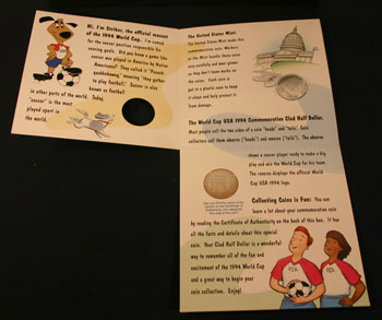 Young Collectors Edition Coin Sets 1994 World Cup Soccer clad coin package unfolded inside