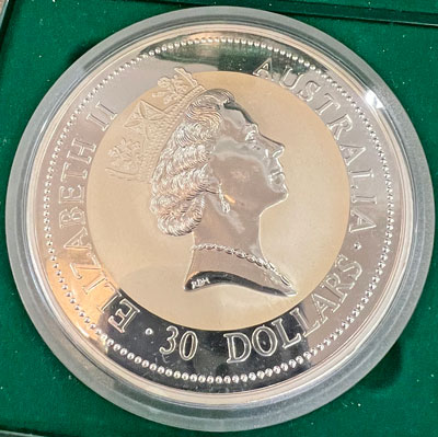 1994 australian kookaburra one kilogram silver 30 dollar coin obverse