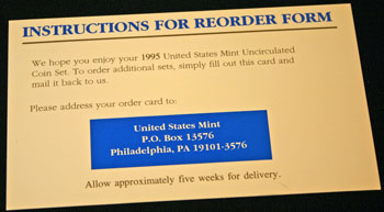 1995 Mint Set reorder form instructions