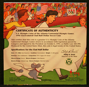 Young Collectors Edition Coin Sets 1996 Atlanta Olympics Soccer package back