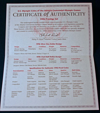 1996 Prestige Set certificate of authenticity