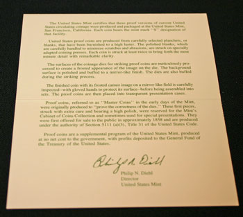 1996 Proof Set Certificate of Authenticity inside