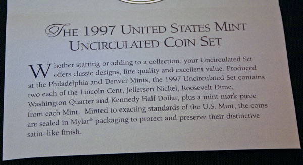 1997 Mint Set bottom of insert large view 1997 Mint Set bottom of insert large view