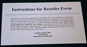 1997 Mint Set reorder form instructions